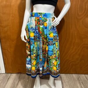 HER Destiny Womens L Italian Tile Amalfi Coast Lemon Print Midi Skirt Tie Waist